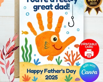 Best Dad Ever Fathers Day Handprint Reel-y Great Dad, Cute DIY Card for Fishing Dad from Kids, Printable Handprint, Bonus Dad Gift Idea