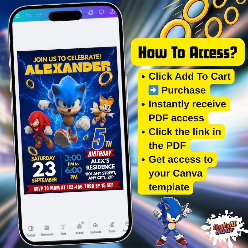 Sonic Birthday Invitation For Kids Party, Sonic The Hedgehog Boys Party Invite, Editable Sonic 3 Girls Birthday, Invite Instant Download, Image 8