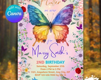 Editable Butterfly Birthday Invitation – Rainbow Floral Garden Party Invite, Whimsical Design, Canva Template, Instant Download