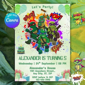 Editable Ninja Turtle Birthday Invitation – TMNT Canva Template – Printable Digital Party Invite for Boys - Kids Birthday Invite