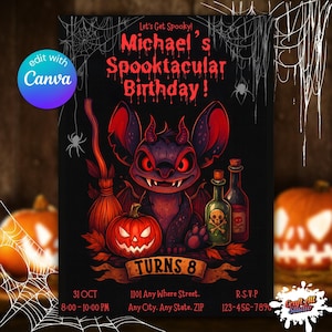 Faire-part d'anniversaire Halloween Stitch, carte d'anniversaire Halloween point effrayant, invitation anniversaire enfant effrayant, chauve-souris point maléfique