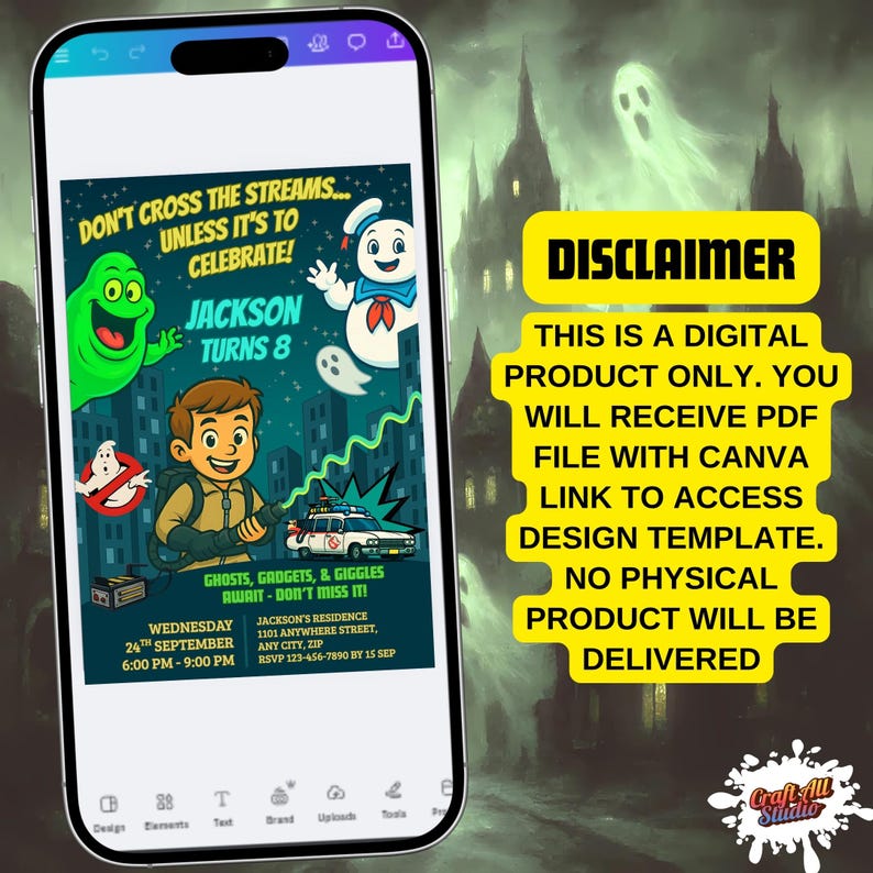 Digital product disclaimer for Ghostbusters invitation—PDF with Canva link only; no physical item; edit and download your party invite.
