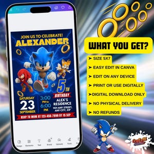 Sonic Birthday Invitation For Kids Party, Sonic The Hedgehog Boys Party Invite, Editable Sonic 3 Girls Birthday, Invite Instant Download, Image 4