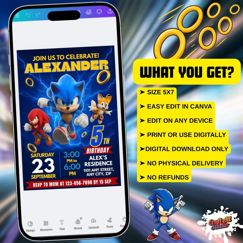 Sonic Birthday Invitation For Kids Party, Sonic The Hedgehog Boys Party Invite, Editable Sonic 3 Girls Birthday, Invite Instant Download, Image 4