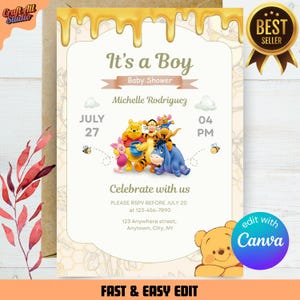 Winnie The Pooh Baby Shower Invitations, Editable Winnie The Pooh Invitations, Baby Shower Party Invite, Classic Pooh Printable Template