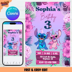Stitch birthday invitation with Stitch and Angel characters in a tropical floral border, perfect for a kids birthday invite, featuring a digital invite editable in Canva, ideal for a birthday girl Stitch celebration, stitch and angel birthday, stitch birthday card, invite template, party invitations, birthday invite, and luau party with pink purple invite design.