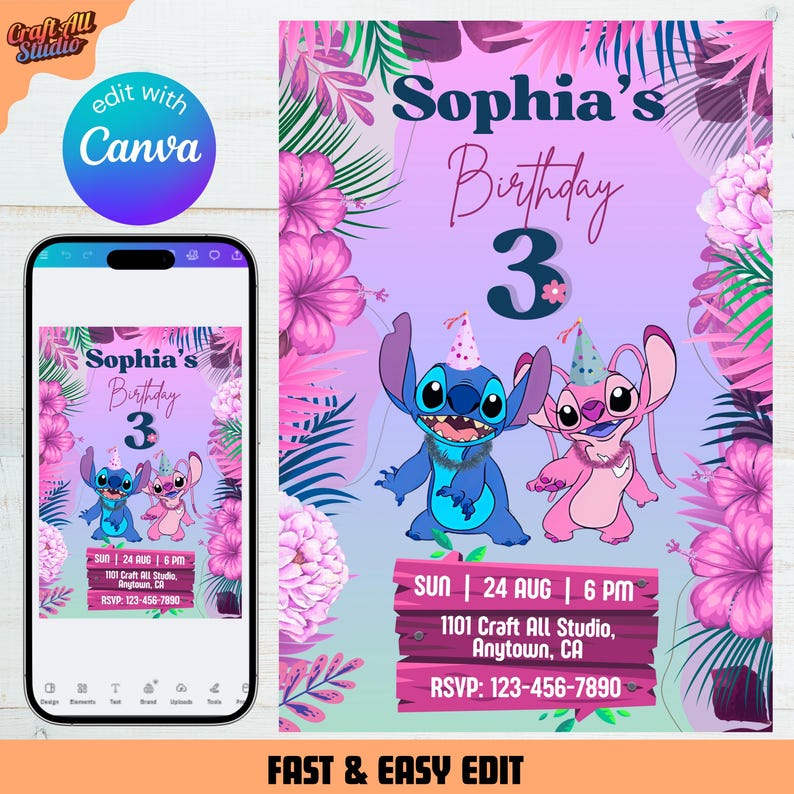 Stitch birthday invitation with Stitch and Angel characters in a tropical floral border, perfect for a kids birthday invite, featuring a digital invite editable in Canva, ideal for a birthday girl Stitch celebration, stitch and angel birthday, stitch birthday card, invite template, party invitations, birthday invite, and luau party with pink purple invite design.