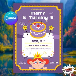 Editable Princess Birthday Invitation – Printable Fairy Tale Party Invite for Girls – Kids Birthday Invite Canva Template