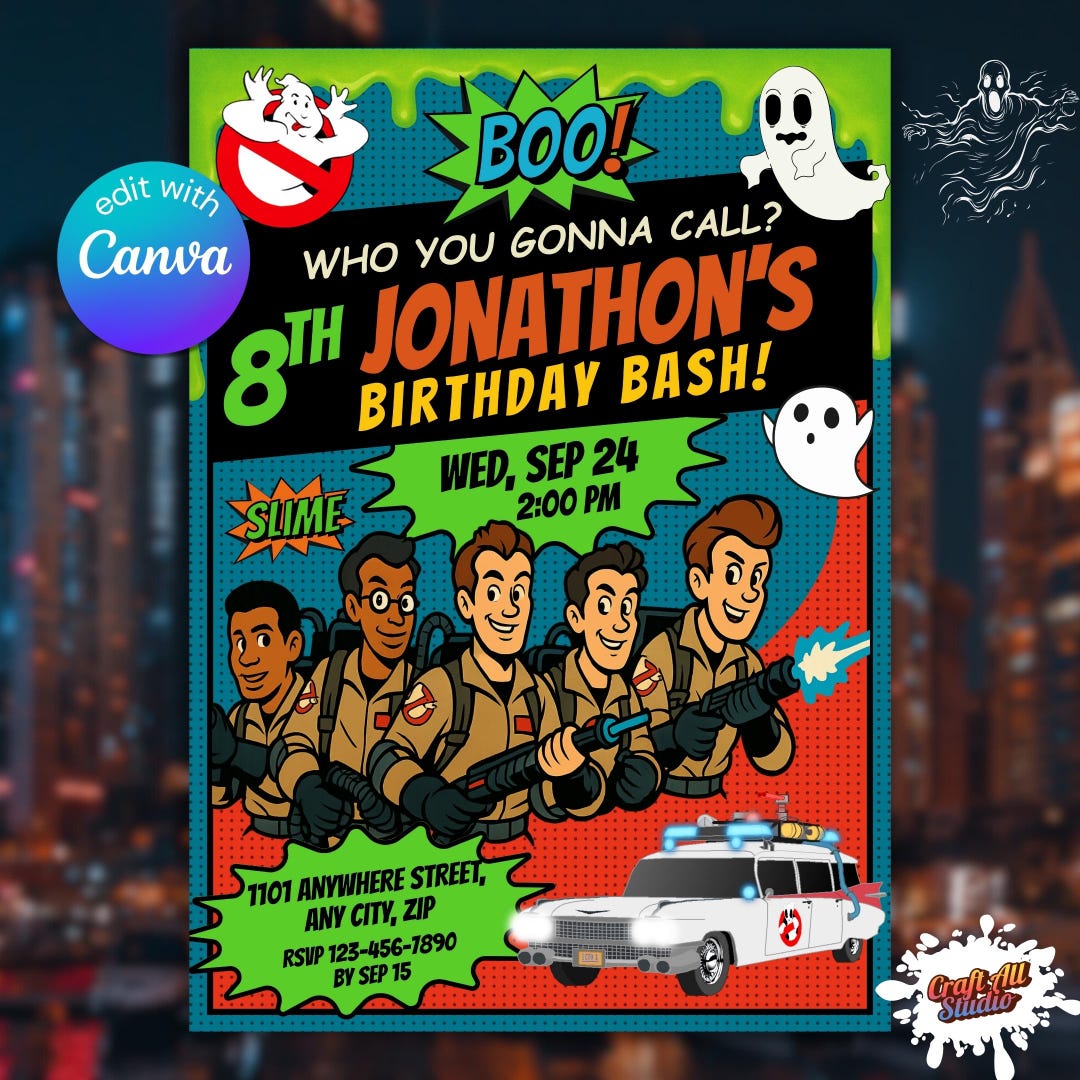Ghostbusters Birthday Invitation, Comic Style Kids Party Invite, Ghost ...