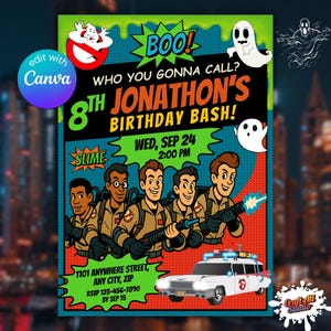 May include: A colorful birthday party invitation featuring the Ghostbusters theme. The design includes the Ghostbusters logo, cartoon illustrations of the characters, ghosts, and the Ecto-1 car. Text includes "Who You Gonna Call?" and party details.