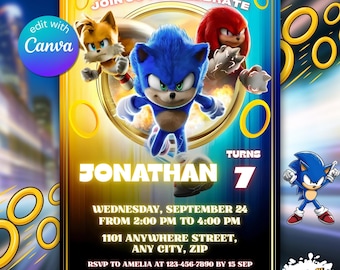 Convite de aniversário do Sonic para festa infantil, convite editável para festa de meninos do Sonic 3, aniversário de meninas do Sonic The Hedgehog, convite para download instantâneo