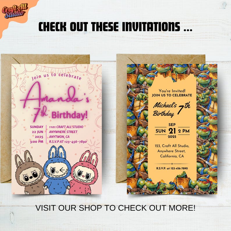 Showcase of more birthday invitation designs including Stitch birthday 3, kids birthday invite, birthday card alternatives, invite template for tropical or animated themes, suitable for party invitations and birthday bash events.