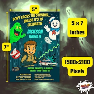 Size guide for Ghostbusters birthday invitation template—5x7 inches (1500x2100 px) Canva file with Slimer, Stay Puft, and Ecto-1 artwork.