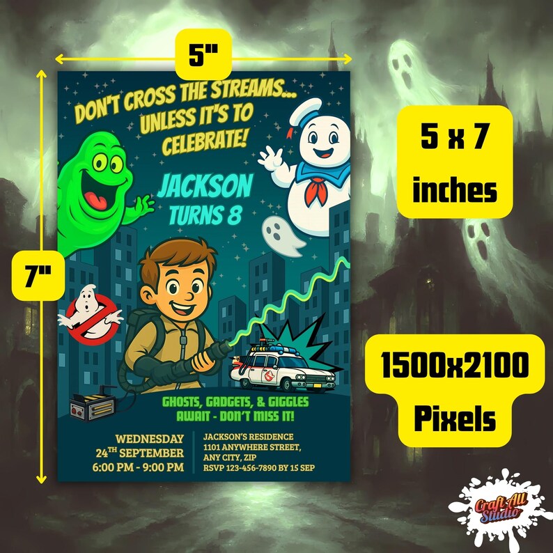 Size guide for Ghostbusters birthday invitation template—5x7 inches (1500x2100 px) Canva file with Slimer, Stay Puft, and Ecto-1 artwork.
