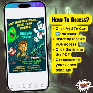 How to access Ghostbusters invitation template—add to cart, purchase, receive PDF, click Canva link, customize on phone; instant download.