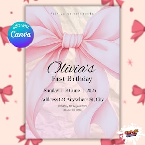 Coquette Pink Bow Birthday Invitation — Girl 1st Birthday Invite, Turning One, Canva Editable Template, Printable & Digital