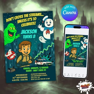 Ghostbusters party invite shown printed and on phone in Canva; editable Slimer and Stay Puft design, instant digital download, share or print.