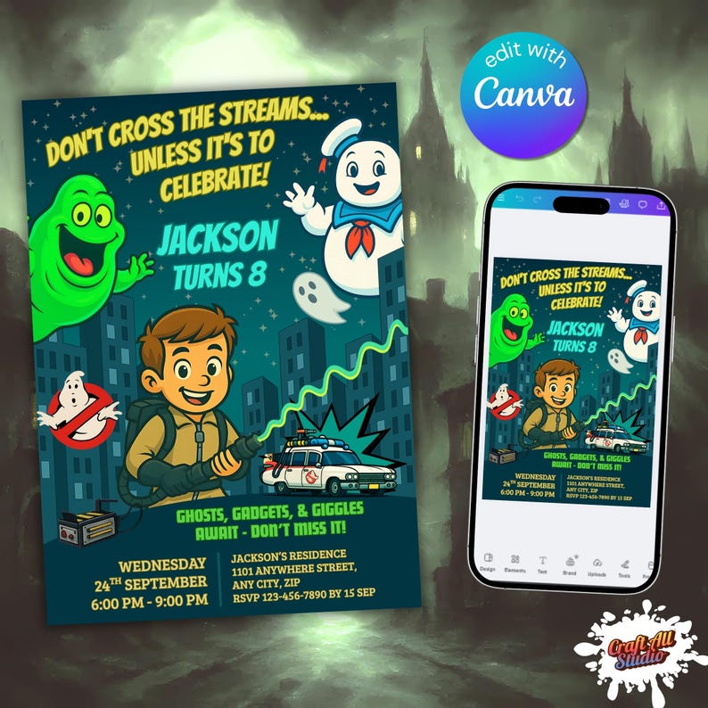 Ghostbusters party invite shown printed and on phone in Canva; editable Slimer and Stay Puft design, instant digital download, share or print.