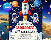 Space Birthday Party Invitation – Astronaut & Rocket, Galaxy Outer Space, Blast Off Theme for Kids Birthday Invite | Canva Editable Template