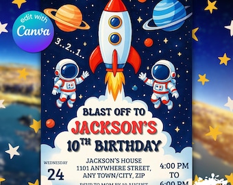 Weltraum-Geburtstags-Party Einladung - Astronaut & Rakete, Galaxie Weltraum, Blast Off Thema für Kindergeburtstag einladen | Canva Bearbeitbare Vorlage