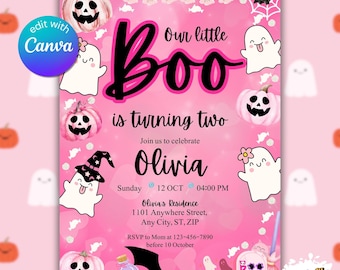 Our Little Boo is Turning Two Invitation Girl, Pink Ghost Halloween Invite, Two Spooky Boo Bash, 2nd Birthday Invitation Canva Template