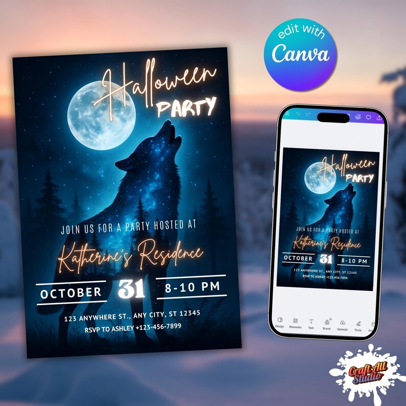 Spooky halloween howling wolf invitation shown on phone and print mockup. Editable Canva halloween invitation, adult party invite, instant digital download, send by text or print at home. Scary party invite, spooky party invite.