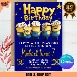 Bearbeitbare Minions-Geburtstagseinladung, digitale Geburtstagseinladung, Minion-Themenkarte für Kinder, sofortiger Download, Canva-Einladungsvorlage