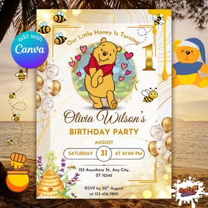 Editable Winnie the Pooh Birthday Invitation – Classic Pooh Party Template – Digital Download for 1st Birthday – Canva Invite for Girls