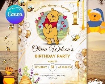 Editable Winnie the Pooh Birthday Invitation – Classic Pooh Party Template – Digital Download for 1st Birthday – Canva Invite for Girls