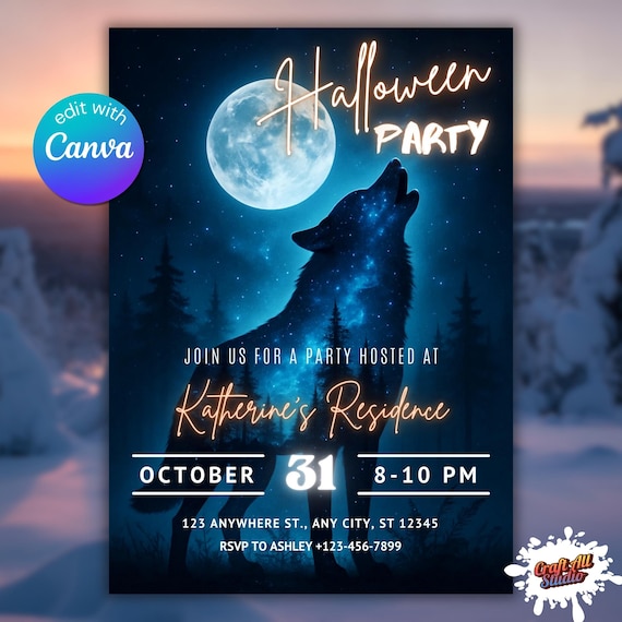 Halloween Party Invitation Wolf Theme — Howling Wolf Adult Party Invite, Spooky Werewolf Halloween Canva Template,  Scary Halloween Invite