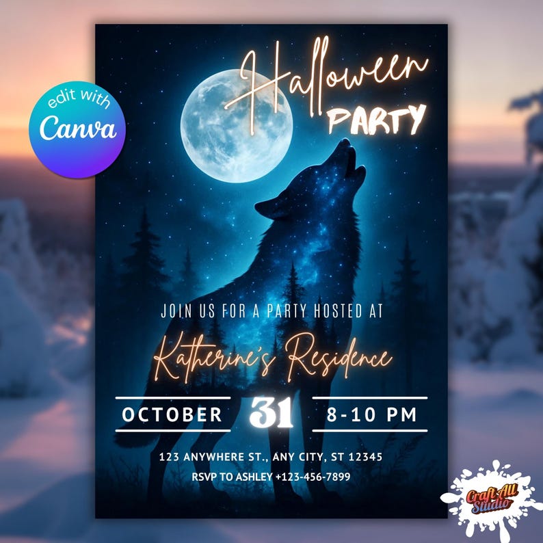 Halloween Party Invitation Wolf Theme — howling wolf under full moon, dark forest background. Editable Canva template, spooky invitation for adults, printable 5x7 digital download. Perfect scary halloween, wolf invitation.