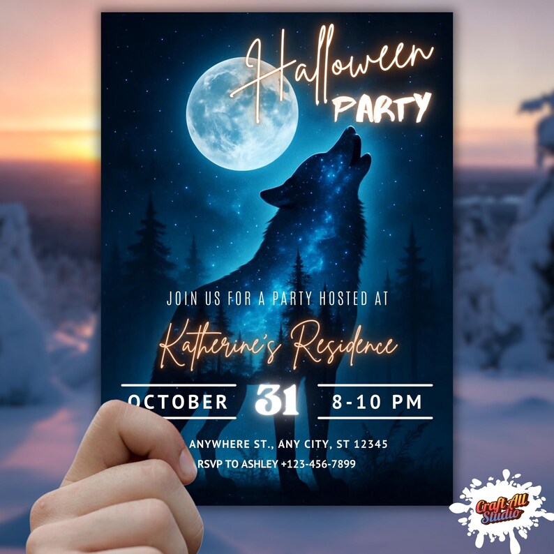 Person holding wolf halloween invitation with glowing moon and forest. Spooky wolf invite for adults, werewolf halloween theme, editable in Canva, printable 5x7 card. Stylish scary halloween party invite, instant download.