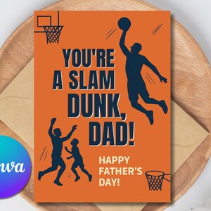 Carte de fête des pères imprimable pour papa de basket-ball en téléchargement numérique, cadeau de son beau-père, carte de voeux pour la fête des pères, modèle modifiable sur toile