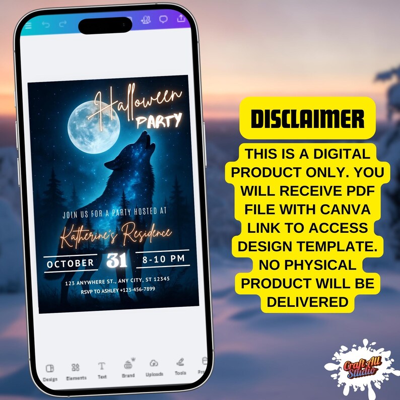 Disclaimer graphic for howling wolf halloween invitation — Canva link delivered via PDF, no physical item shipped. Editable spooky invitation, adult party invite, perfect for scary halloween or spooky party invite.