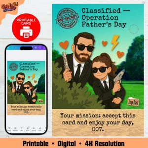 La carte pop la plus cool pour une joyeuse fête des pères, carte imprimable drôle de fille d'agent secret d'espion de la fête des pères, carte numérique pour les papas cool