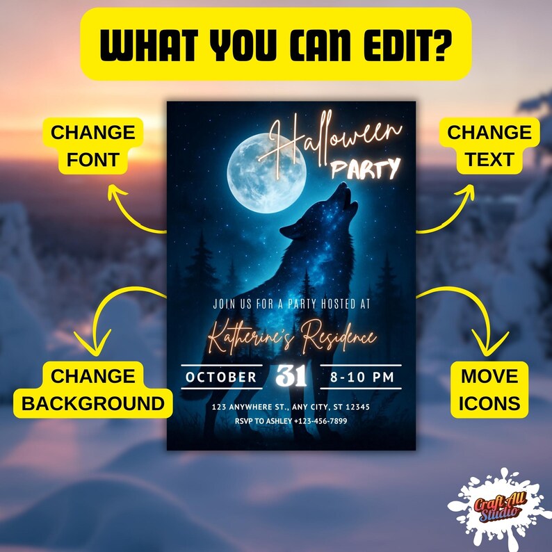 Editable elements preview: change text, fonts, background, layout on wolf halloween invitation. Canva template for spooky invitation, werewolf halloween vibe, adult party invite, scary party invite, instant digital download.