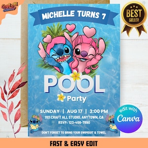 Stitch and Angel Pool Party Geburtstagseinladung, Stitch Pool Party einladen, Cute Stitch Geburtstag einladen, bearbeitbarer digitaler Download