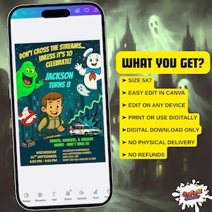 Ghostbusters Canva invitation on smartphone with feature list: 5x7 size, easy edit, print or digital use, instant download, no physical delivery.