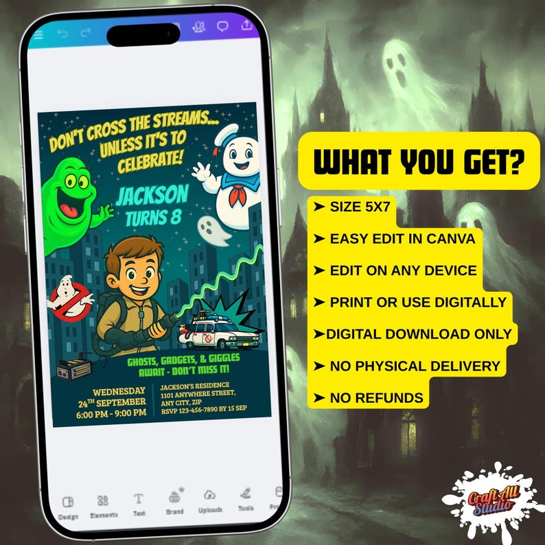 Ghostbusters Canva invitation on smartphone with feature list: 5x7 size, easy edit, print or digital use, instant download, no physical delivery.
