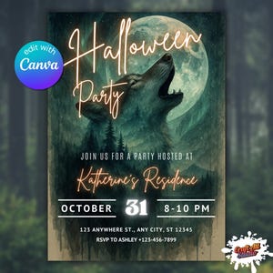 Puede incluir: Invitación a una fiesta de Halloween con un lobo aullando frente a una luna llena. El texto dice "Halloween Party" e incluye detalles para una fiesta en la residencia de Katherine el 31 de octubre, de 8 a 10 PM. El diseño es oscuro, estilo acuarela.