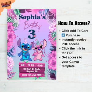 How to access the Stitch birthday invitation template via Canva, featuring Stitch and Angel in a tropical design, ideal for digital invite, kids birthday invite, birthday girl Stitch, editable invite template, and themed birthday card.