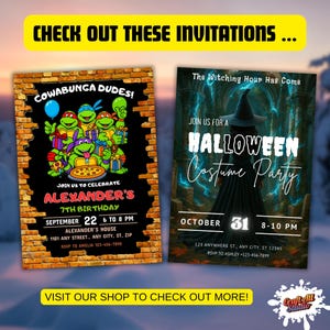 Shop banner showing additional printable invitations available alongside the howling wolf halloween invitation. Explore more spooky invitation options for adult party invite and scary halloween celebrations.