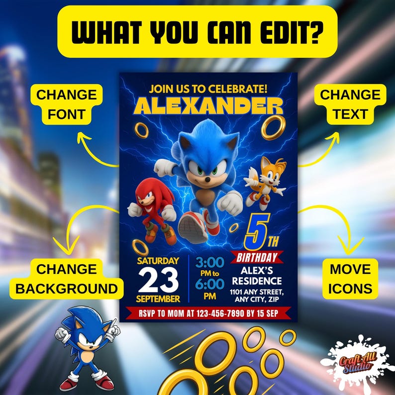 Sonic Birthday Invitation For Kids Party, Sonic The Hedgehog Boys Party Invite, Editable Sonic 3 Girls Birthday, Invite Instant Download, Image 7