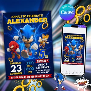 Sonic Birthday Invitation For Kids Party, Sonic The Hedgehog Boys Party Invite, Editable Sonic 3 Girls Birthday, Invite Instant Download, Image 2