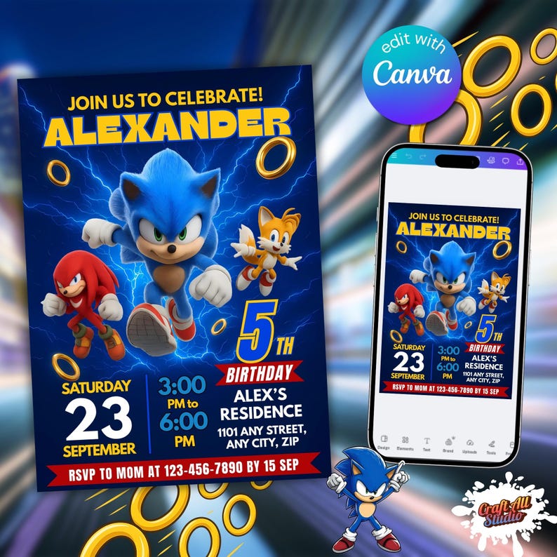 Sonic Birthday Invitation For Kids Party, Sonic The Hedgehog Boys Party Invite, Editable Sonic 3 Girls Birthday, Invite Instant Download, Image 2