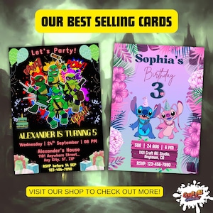 Best-selling kids party invitations—Ninja Turtles and Stitch designs—cross-sell banner inviting shoppers to view more editable Canva templates.