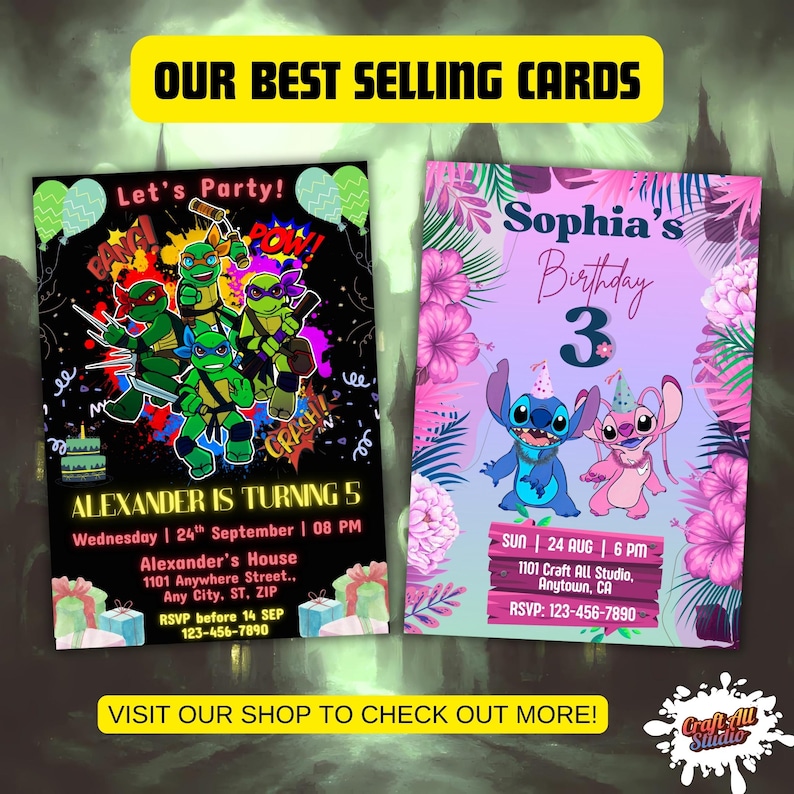 Best-selling kids party invitations—Ninja Turtles and Stitch designs—cross-sell banner inviting shoppers to view more editable Canva templates.