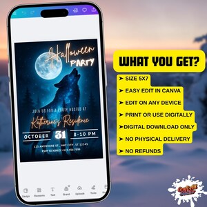 Package details for howling wolf halloween invitation: editable Canva template, digital download only, print or use digitally. Spooky invitation for adult party invite, easy customization, perfect scary party invite.