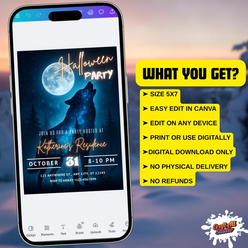 Package details for howling wolf halloween invitation: editable Canva template, digital download only, print or use digitally. Spooky invitation for adult party invite, easy customization, perfect scary party invite.