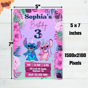5x7 inch Stitch birthday card dimensions guide, showing layout with Stitch and Angel birthday theme, floral border, suitable for kids birthday invite, birthday invite, and editable digital invite templates, part of birthday invitation and party invitations collection.